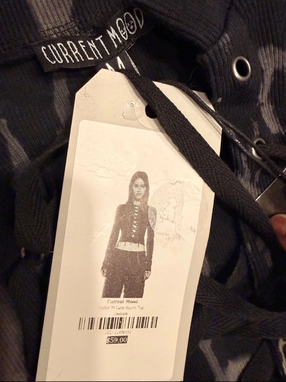 Dolls Kill Black & Gray Lace-Up Long Sleeve Crop Top - Picture 2 of 3
